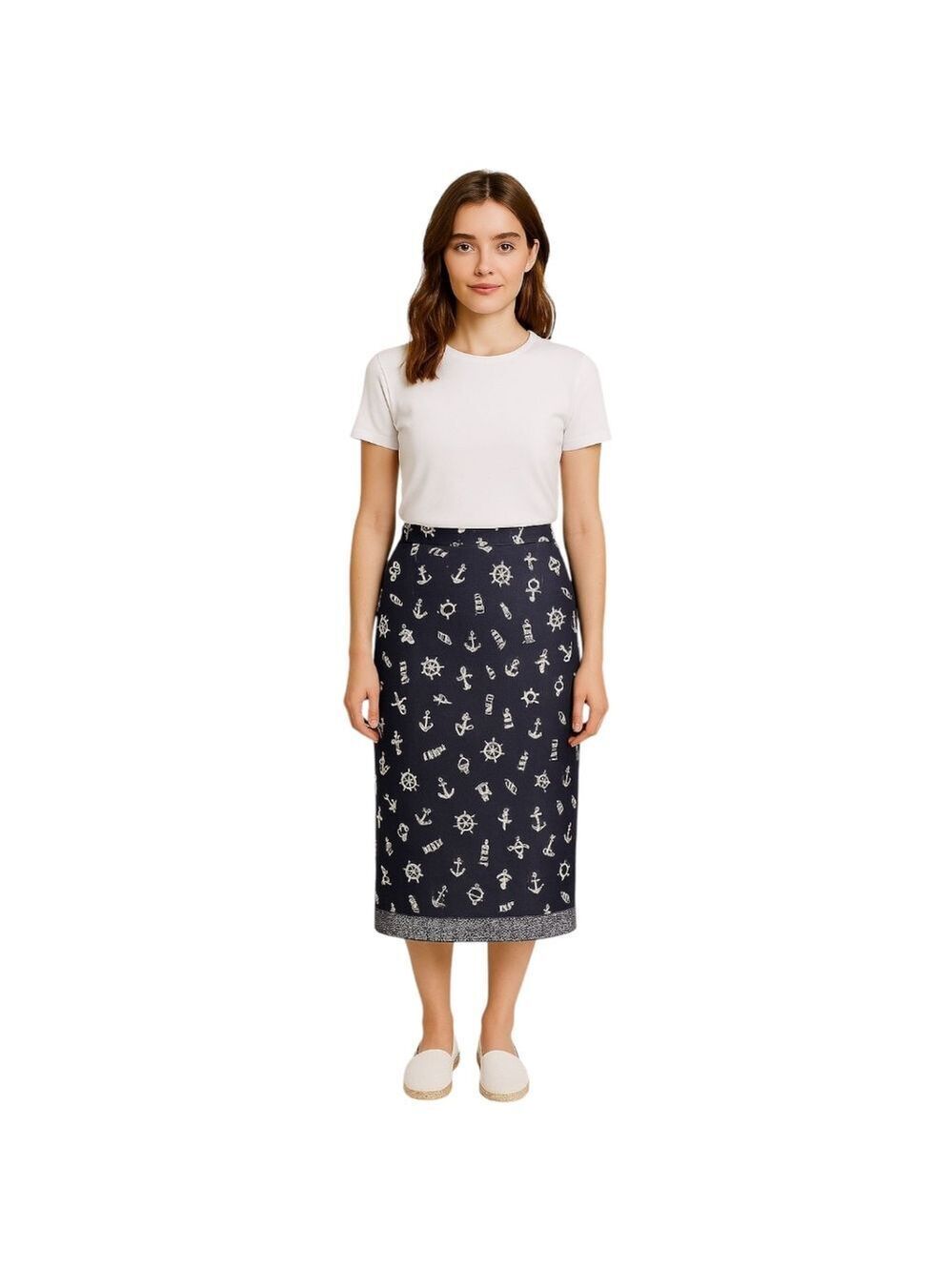 Vintage Stonebridge Navy & White Nautical Print Pencil Skirt Size 14 EUC